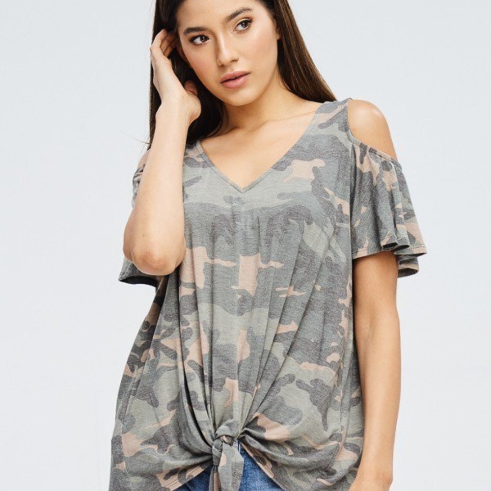 Open Shoulder Camo Flounce Shirt